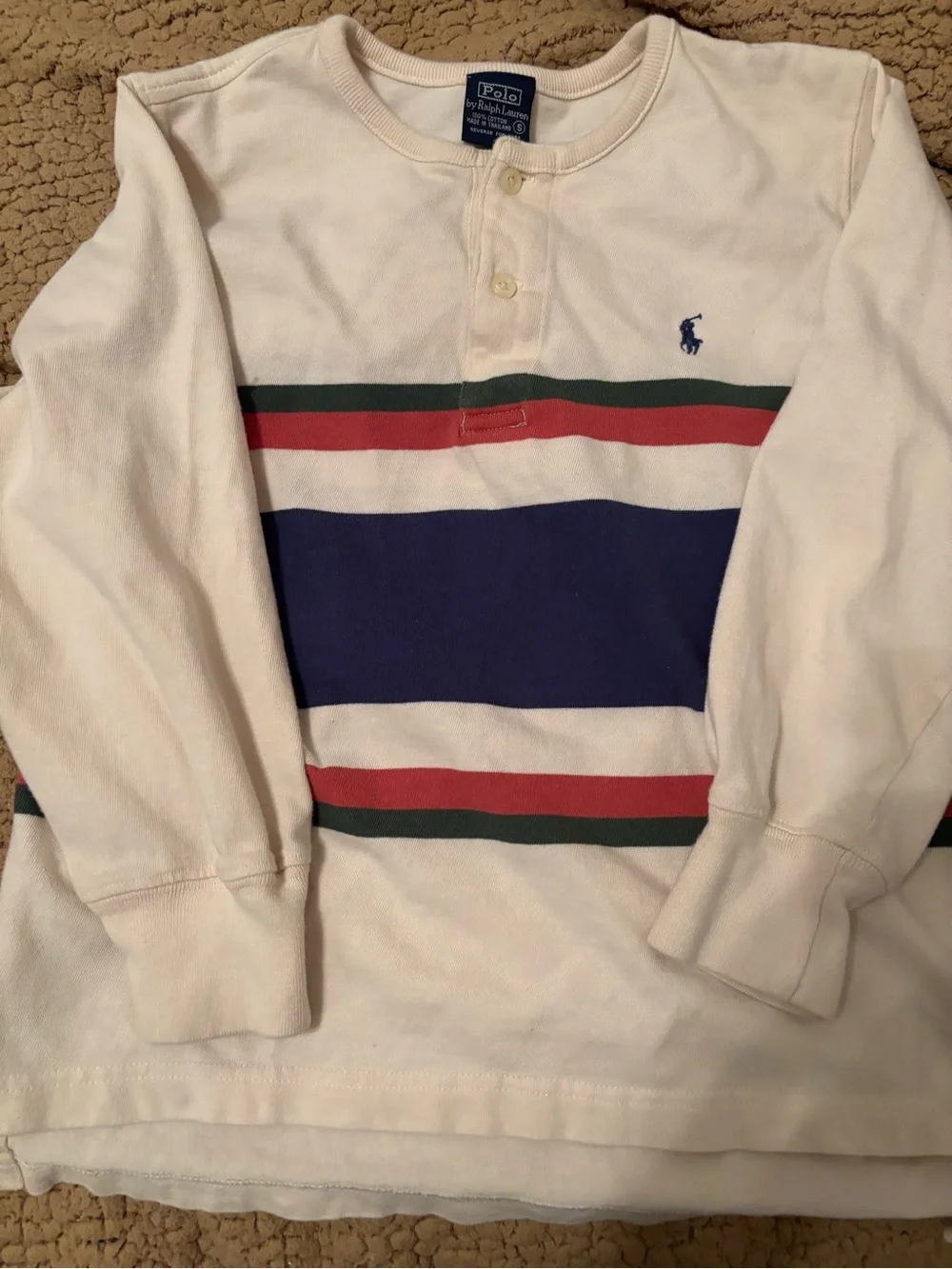Ralph Lauren Boys Polo Cream Long Sleeve Henley with Red, Green & Blue Stripes S